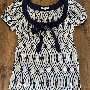 Nanette Lepore Blue and White Puff Sleeve Blouse with Tie Front